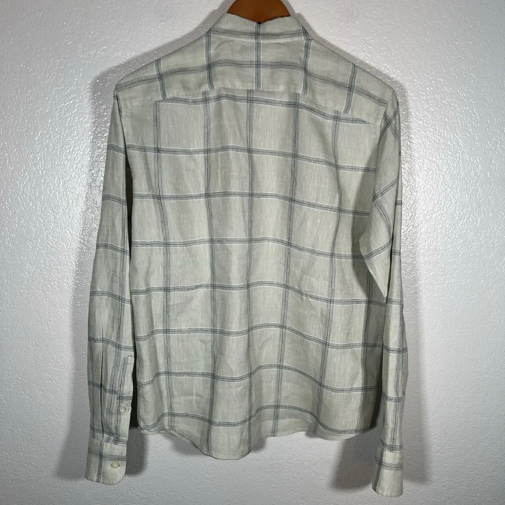 Untuckit Mens Slim S Masaccio WR Linen Cream Navy Plaid Long Sleeve Button Shirt